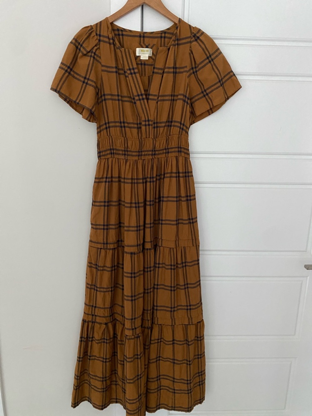 Anthropologie Mustard Plaid Tiered Maxi Dress Maeve XS